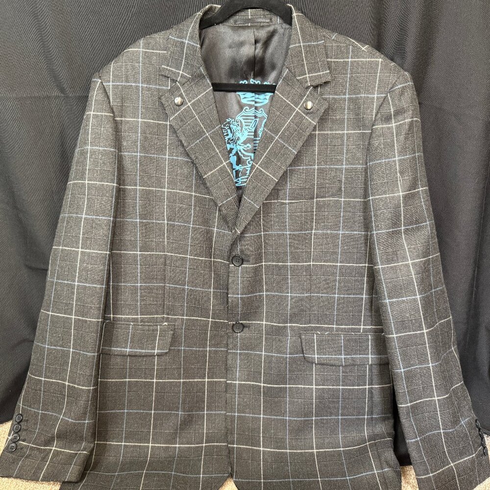 7 Diamonds | Grey Windowpane Plaid Blazer/Sport Coat;  Mens XXL; Wool Blend